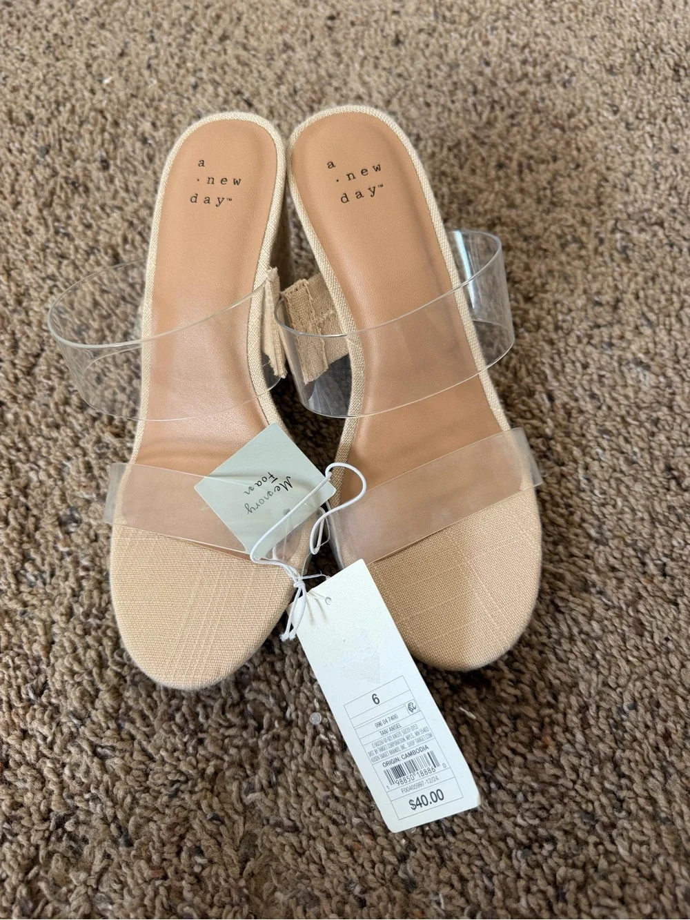 A New Day Clear Strap Espadrille Wedge Sandals Nude Beige Size 6 NWT